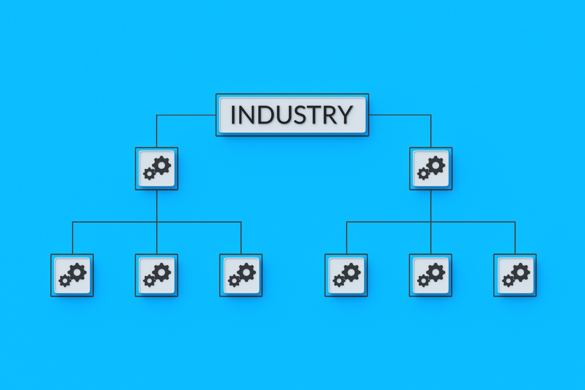 Gears and word industry on gears. Megacorporation hierarchy diagram. Structure of subsidiaries. Cooperation and assistance to increase production. Process chain. Manufacturing optimization. 3d render Gears and word industry on gears. Megacorporation hierarchy diagram. Structure of subsidiaries. Cooperation and assistance to increase production. Process chain. Manufacturing optimization. 3d render